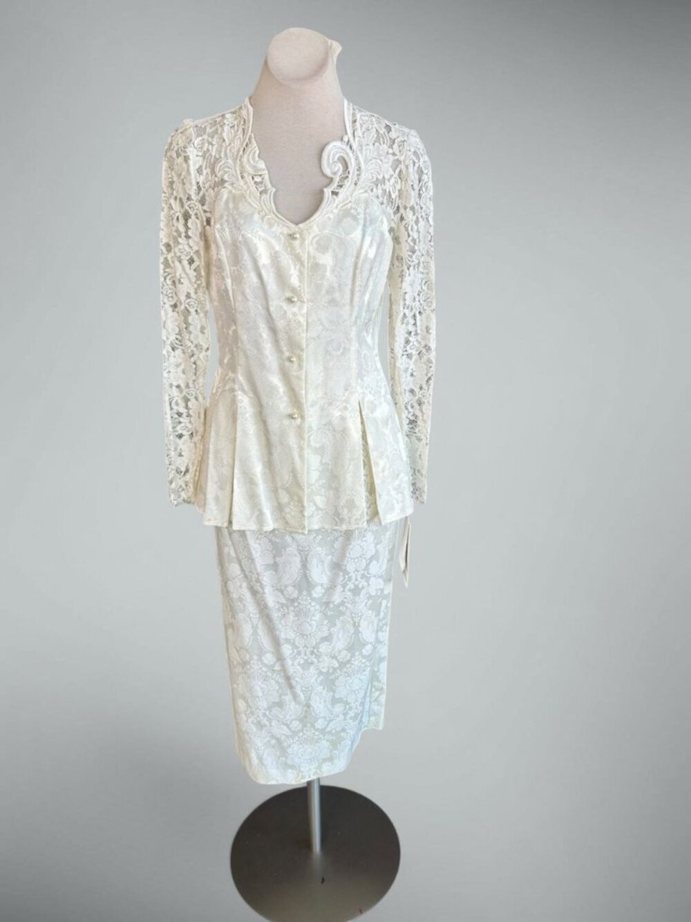 Jessica McClintock Bridal Vintage 80s Ivory Damask Suit Open Lace Panel READ